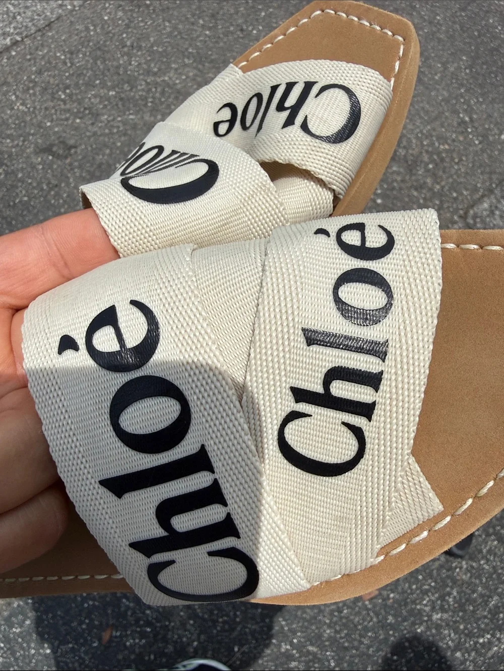 Chloé Cream Logo Ribbon Slide Sandals